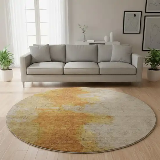 8' Copper And Beige Abstract Washable Round Rug With UV Protection Photo 2