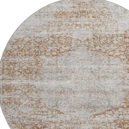 8' Copper And Beige Floral Medallion Washable Round Rug With UV Protection Photo 2