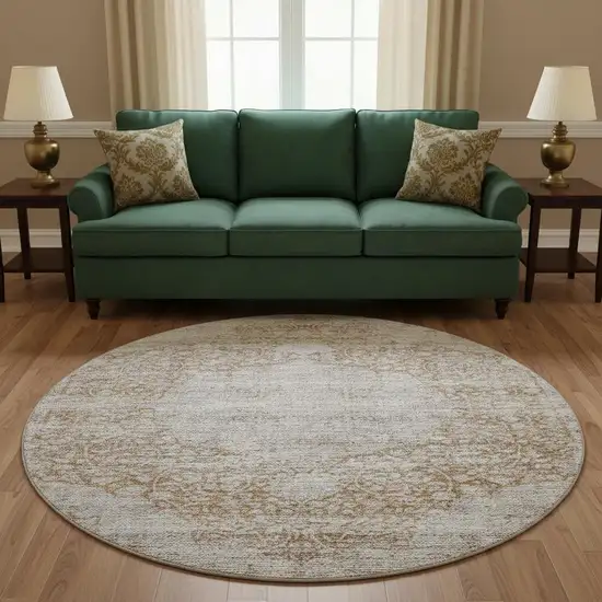 8' Copper And Beige Floral Medallion Washable Round Rug With UV Protection Photo 2