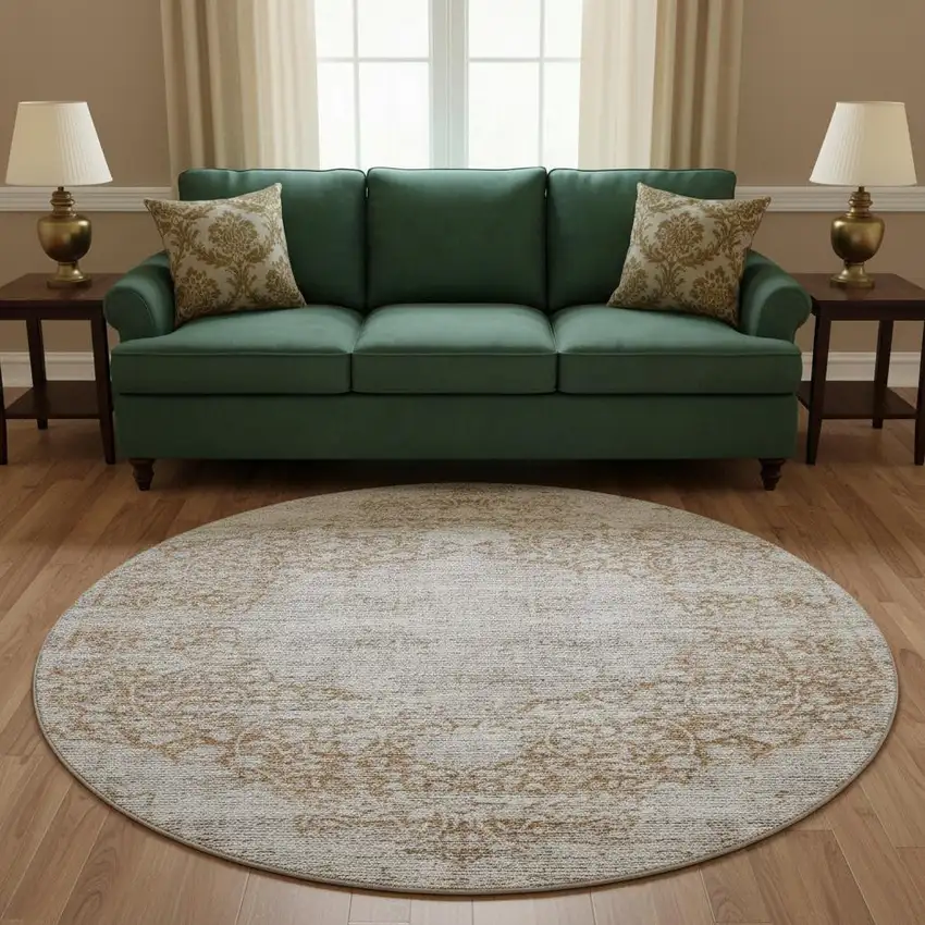 8' Copper And Beige Floral Medallion Washable Round Rug With UV Protection Photo 2