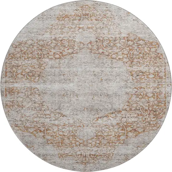 8' Copper And Beige Floral Medallion Washable Round Rug With UV Protection Photo 1
