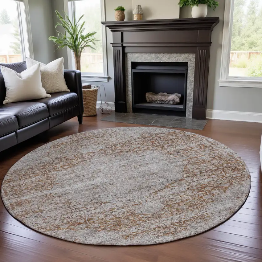8' Copper And Beige Floral Medallion Washable Round Rug With UV Protection Photo 4