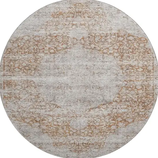 8' Copper And Beige Floral Medallion Washable Round Rug With UV Protection Photo 3