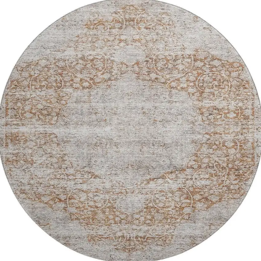 8' Copper And Beige Floral Medallion Washable Round Rug With UV Protection Photo 3