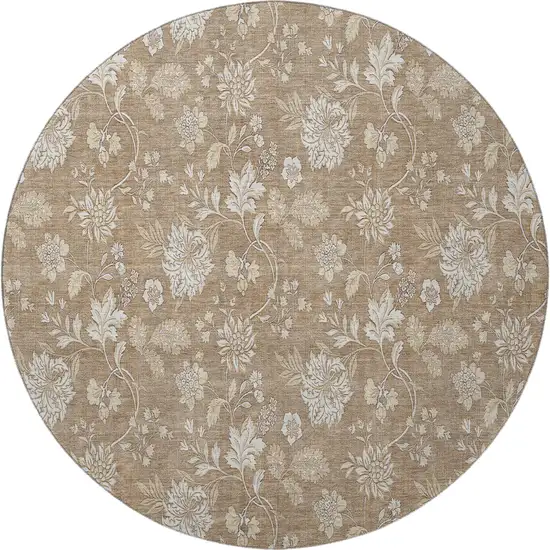8' Copper And Beige Floral Washable Round Rug With UV Protection Photo 3