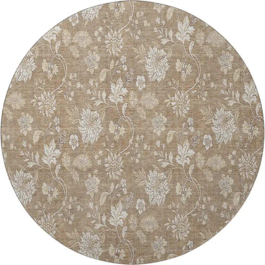8' Copper And Beige Floral Washable Round Rug With UV Protection Photo 3