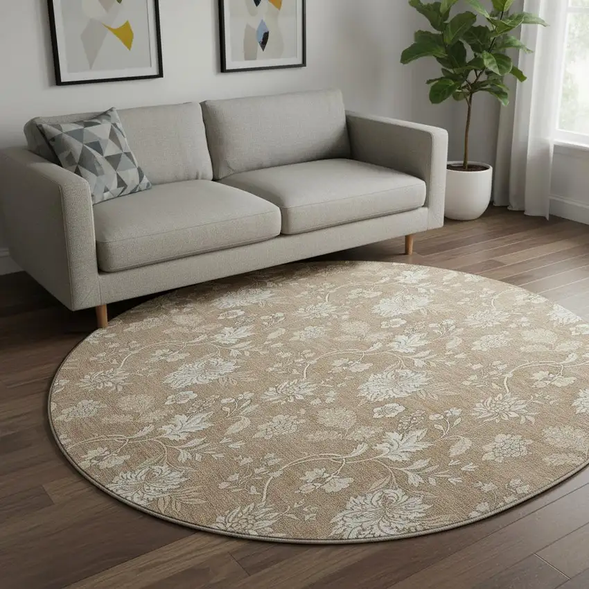 8' Copper And Beige Floral Washable Round Rug With UV Protection Photo 2