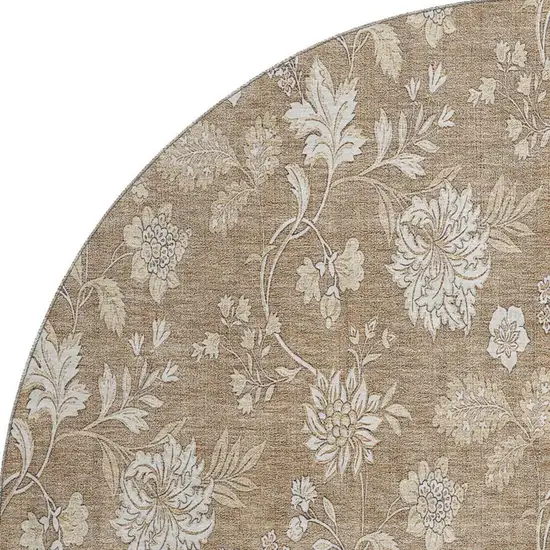 8' Copper And Beige Floral Washable Round Rug With UV Protection Photo 4