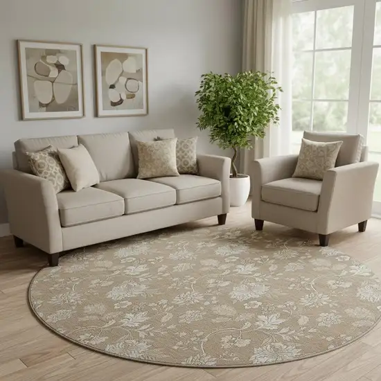 8' Copper And Beige Floral Washable Round Rug With UV Protection Photo 1