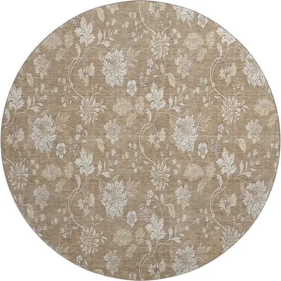 8' Copper And Beige Floral Washable Round Rug With UV Protection Photo 1