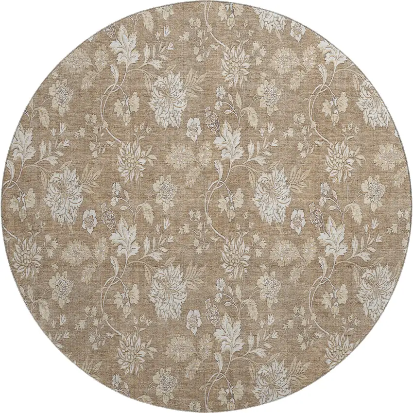8' Copper And Beige Floral Washable Round Rug With UV Protection Photo 1