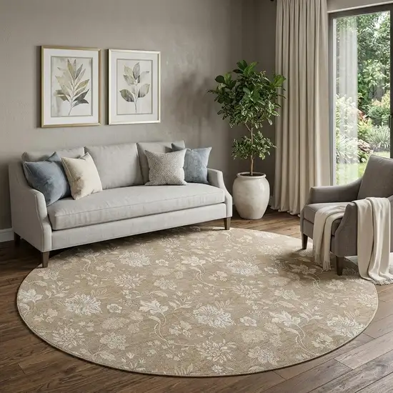 8' Copper And Beige Floral Washable Round Rug With UV Protection Photo 1