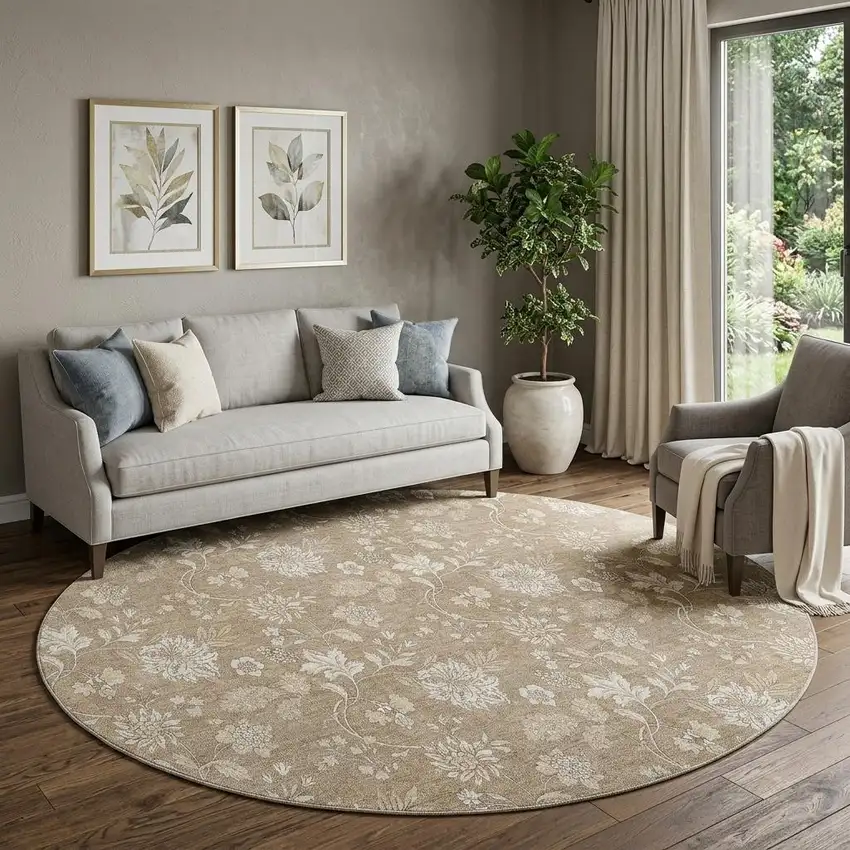 8' Copper And Beige Floral Washable Round Rug With UV Protection Photo 1