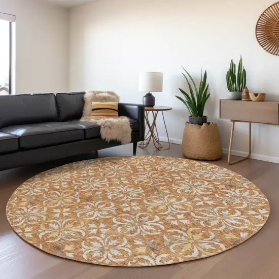 8' Copper And Beige Floral Washable Round Rug With UV Protection Photo 4
