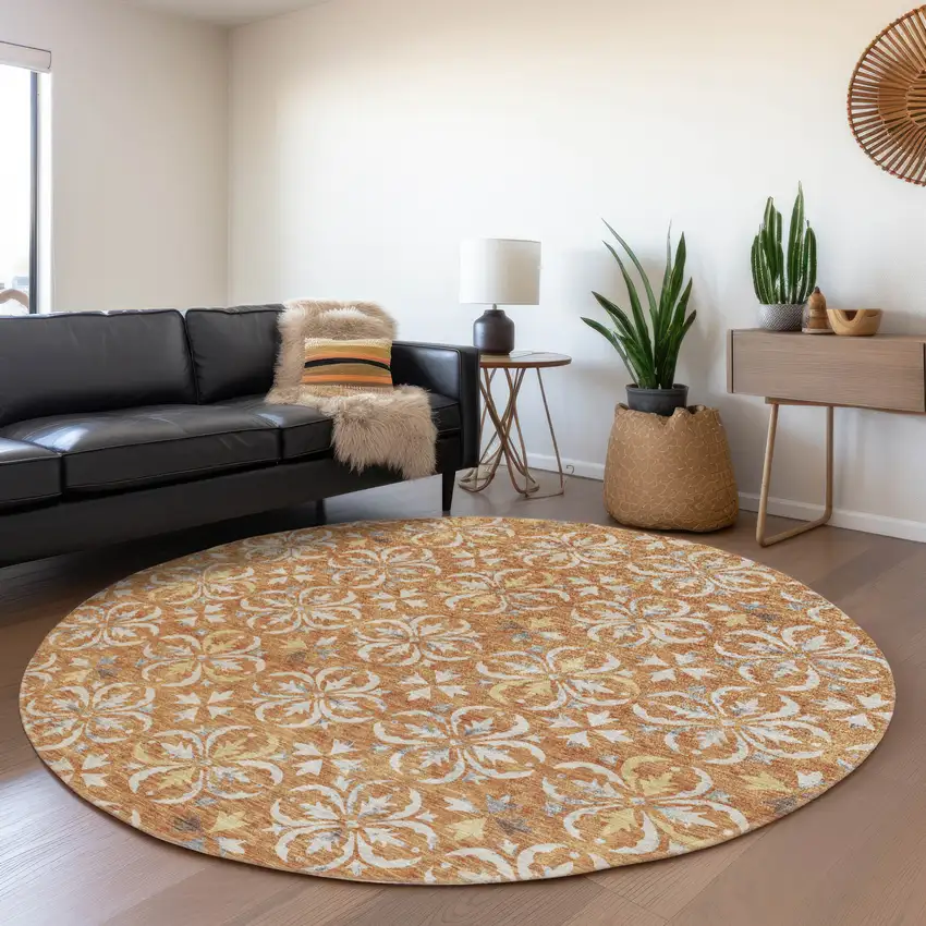 8' Copper And Beige Floral Washable Round Rug With UV Protection Photo 4