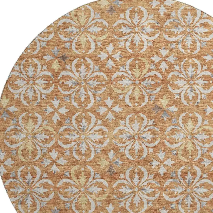 8' Copper And Beige Floral Washable Round Rug With UV Protection Photo 2