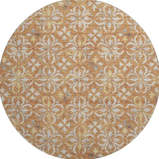 8' Copper And Beige Floral Washable Round Rug With UV Protection Photo 3
