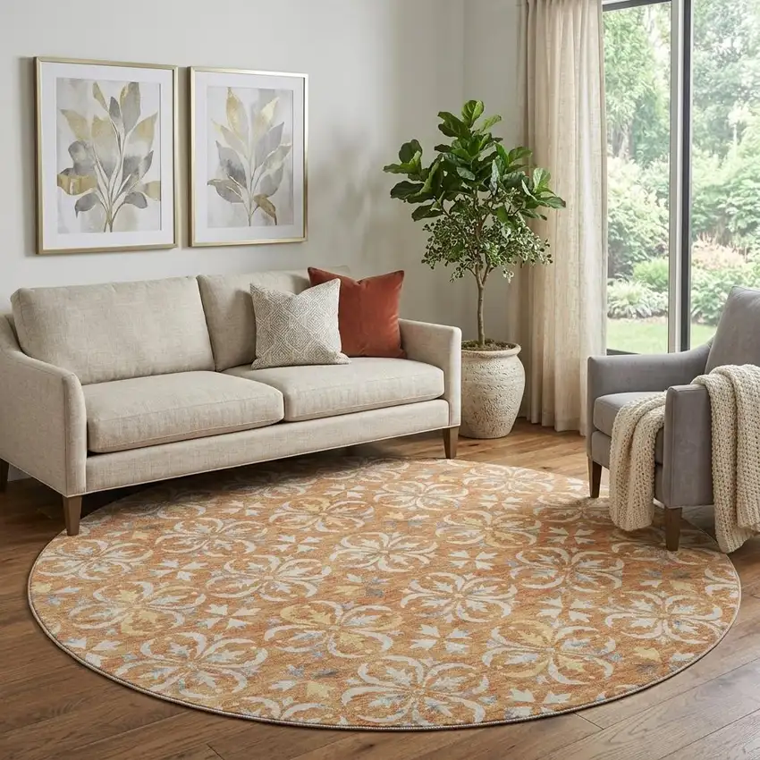 8' Copper And Beige Floral Washable Round Rug With UV Protection Photo 1