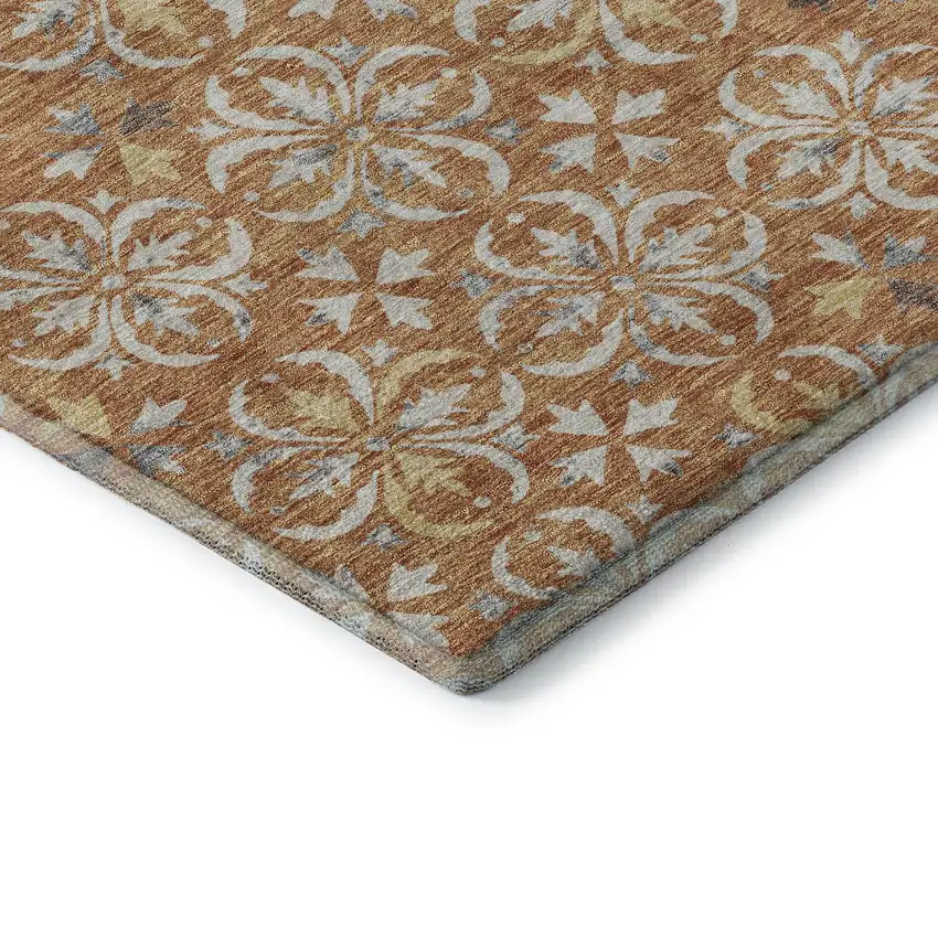 8' Copper And Beige Floral Washable Round Rug With UV Protection Photo 6