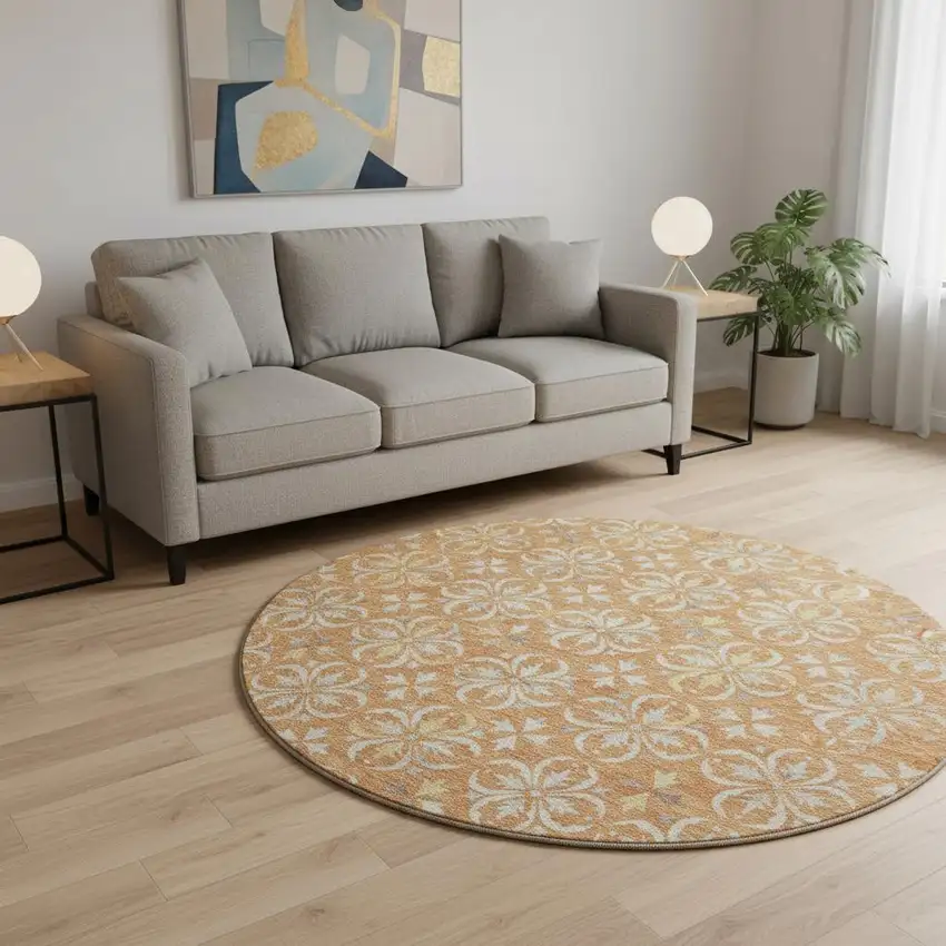 8' Copper And Beige Floral Washable Round Rug With UV Protection Photo 2