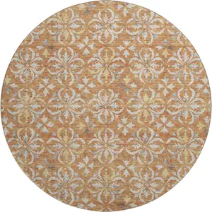 Photo of 8' Copper And Beige Floral Washable Round Rug With UV Protection