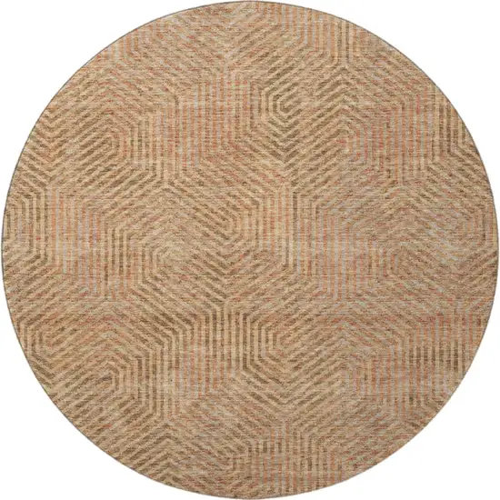 8' Copper And Beige Geometric Washable Round Rug With UV Protection Photo 4