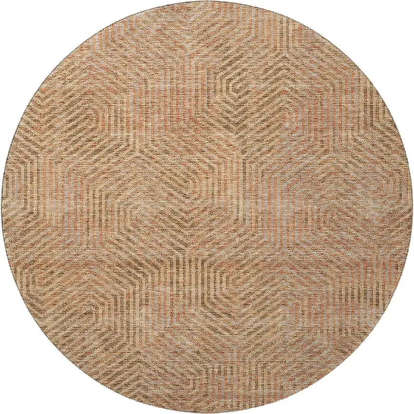8' Copper And Beige Geometric Washable Round Rug With UV Protection Photo 4