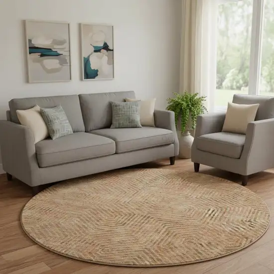 8' Copper And Beige Geometric Washable Round Rug With UV Protection Photo 1