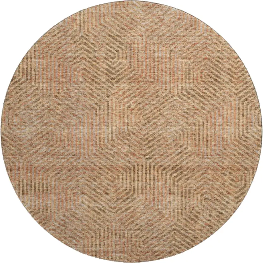 8' Copper And Beige Geometric Washable Round Rug With UV Protection Photo 1