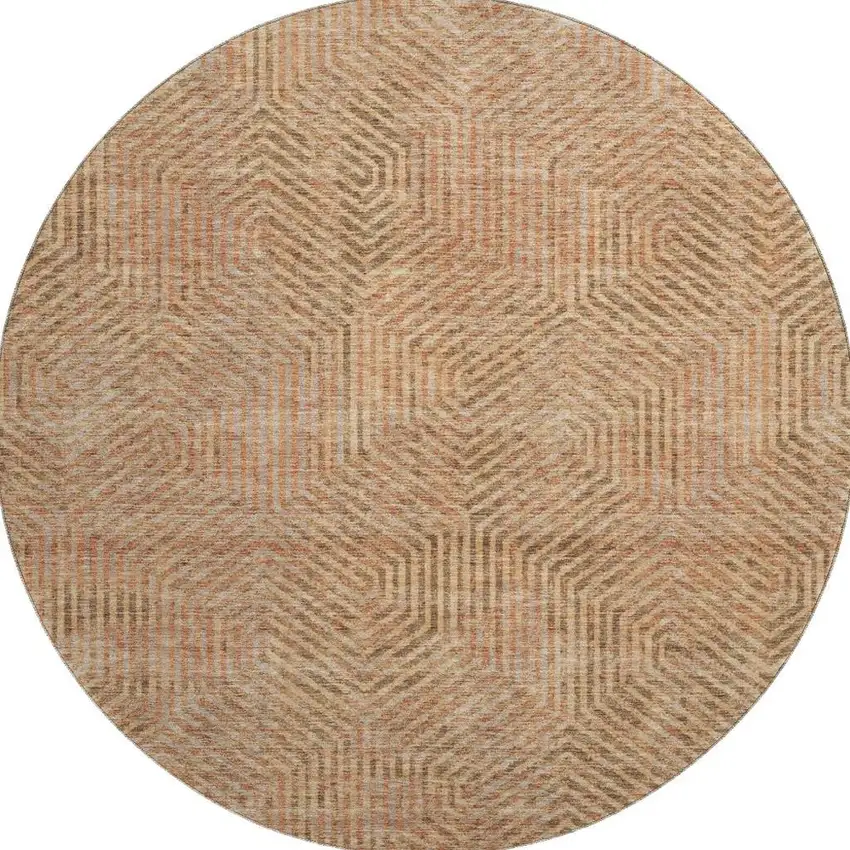 8' Copper And Beige Geometric Washable Round Rug With UV Protection Photo 3