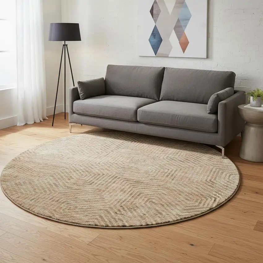 8' Copper And Beige Geometric Washable Round Rug With UV Protection Photo 2