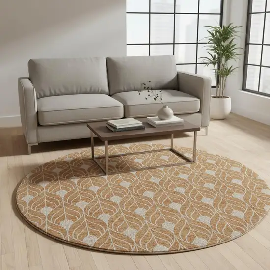 8' Copper And Beige Geometric Washable Round Rug With UV Protection Photo 2