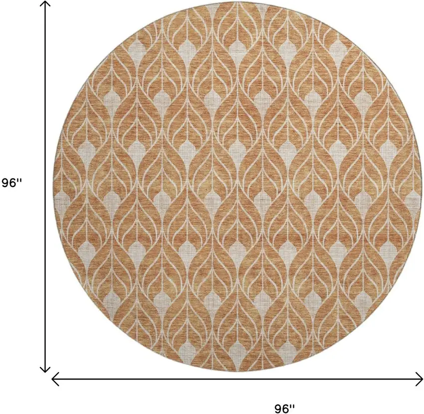 8' Copper And Beige Geometric Washable Round Rug With UV Protection Photo 8