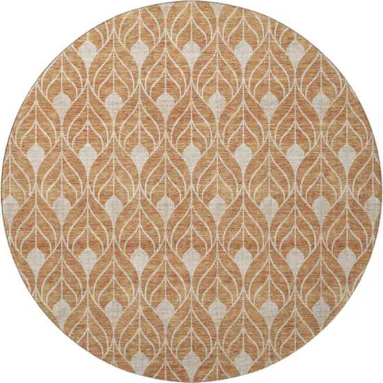 8' Copper And Beige Geometric Washable Round Rug With UV Protection Photo 2