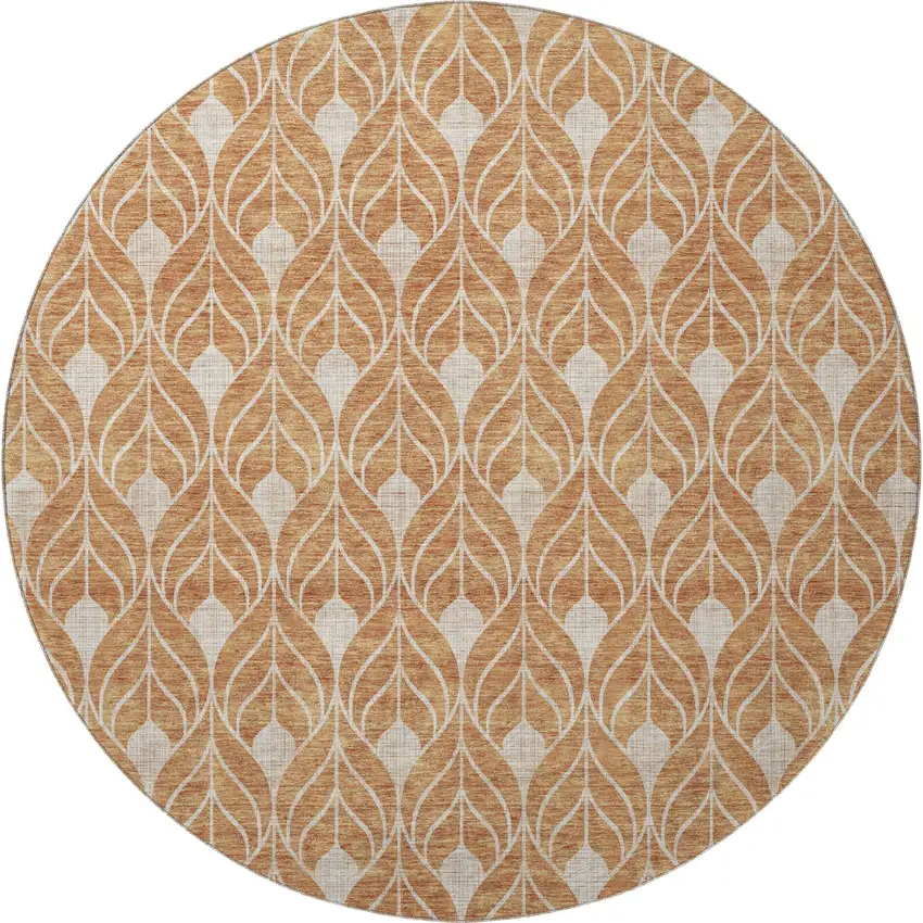 8' Copper And Beige Geometric Washable Round Rug With UV Protection Photo 2