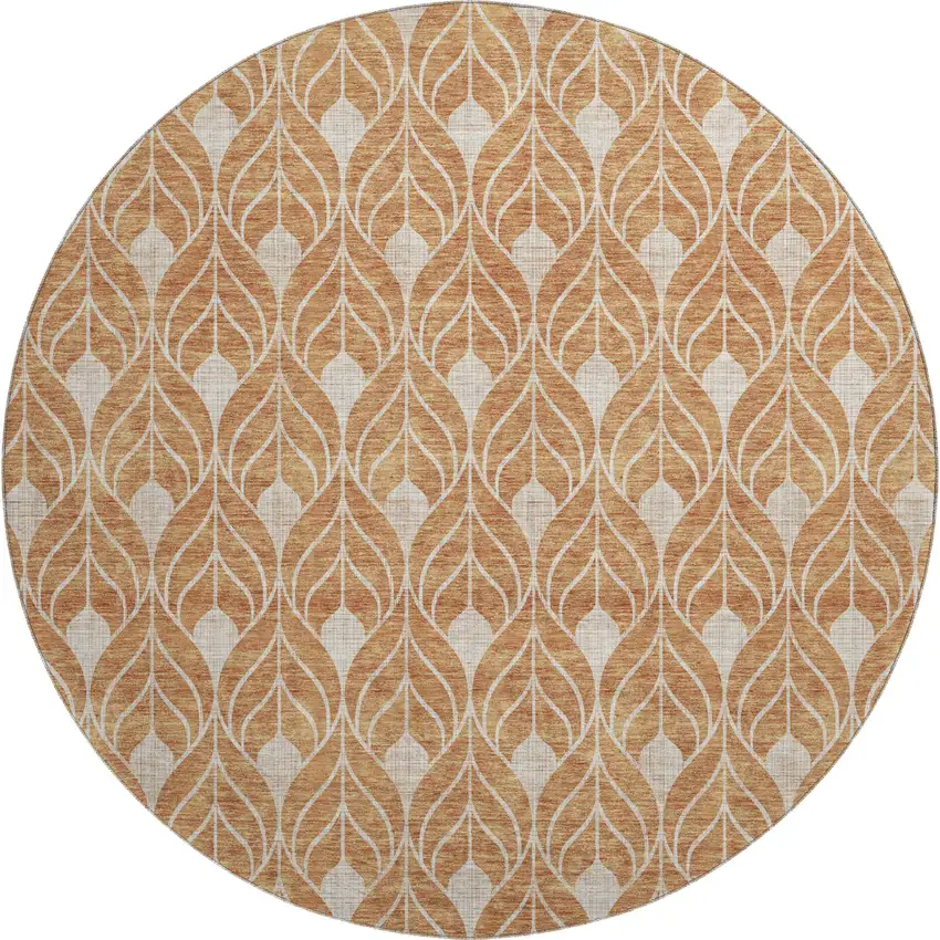 8' Copper And Beige Geometric Washable Round Rug With UV Protection Photo 1
