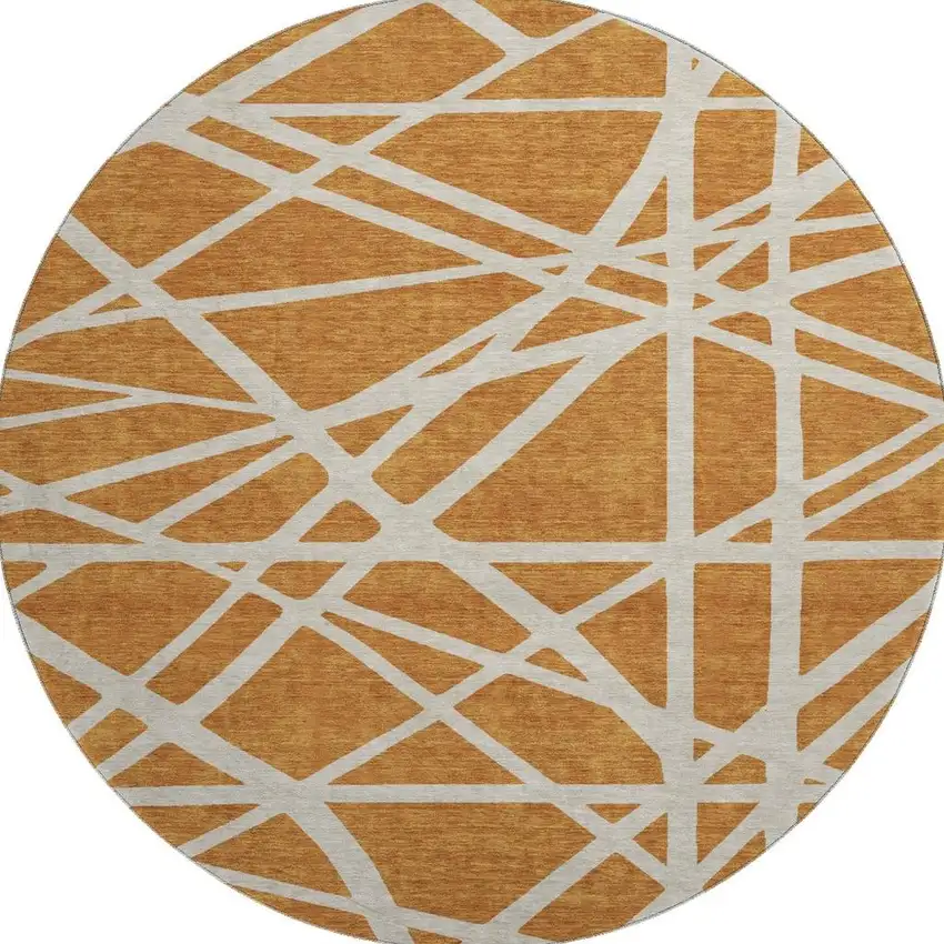 8' Copper And Beige Geometric Washable Round Rug With UV Protection Photo 3