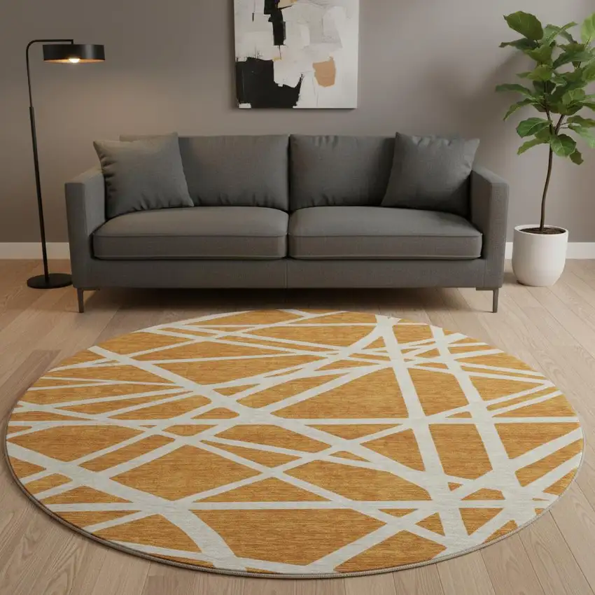 8' Copper And Beige Geometric Washable Round Rug With UV Protection Photo 2
