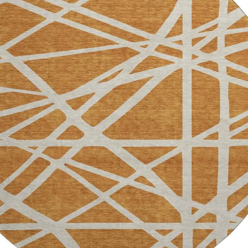 8' Copper And Beige Geometric Washable Round Rug With UV Protection Photo 2