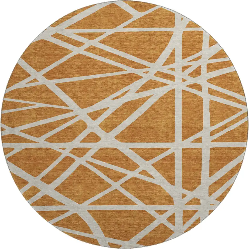 8' Copper And Beige Geometric Washable Round Rug With UV Protection Photo 1