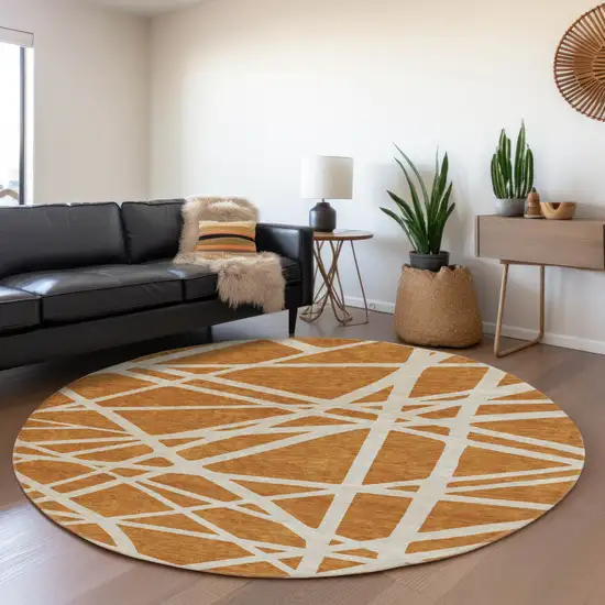 8' Copper And Beige Geometric Washable Round Rug With UV Protection Photo 4