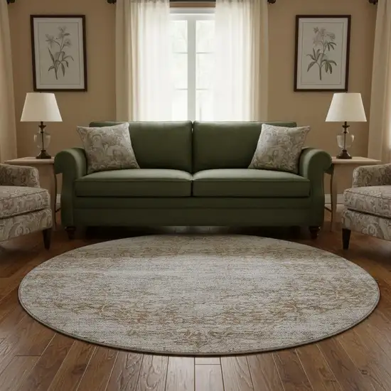 8' Copper And Beige Medallion Washable Round Rug With UV Protection Photo 2