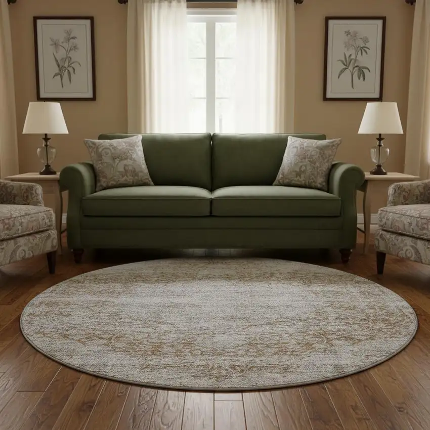 8' Copper And Beige Medallion Washable Round Rug With UV Protection Photo 2