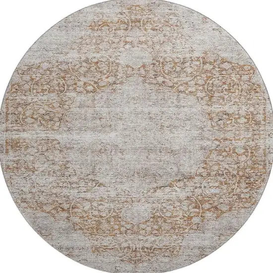 8' Copper And Beige Medallion Washable Round Rug With UV Protection Photo 2
