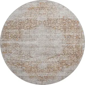 Photo of 8' Copper And Beige Medallion Washable Round Rug With UV Protection