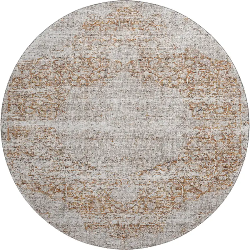 8' Copper And Beige Medallion Washable Round Rug With UV Protection Photo 1