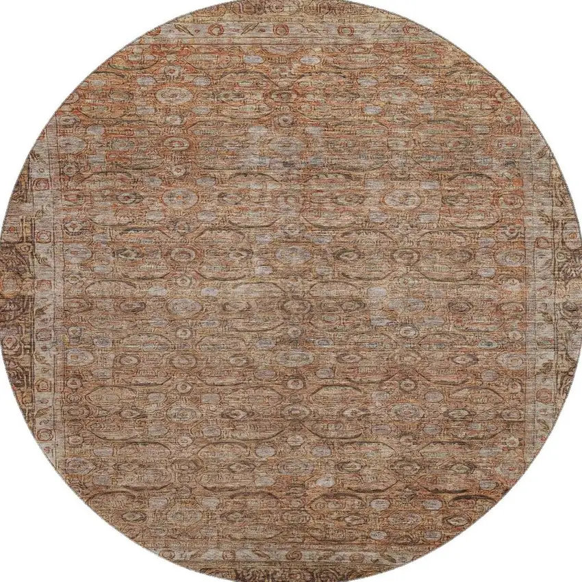 8' Copper And Beige Oriental Washable Round Rug With UV Protection Photo 2