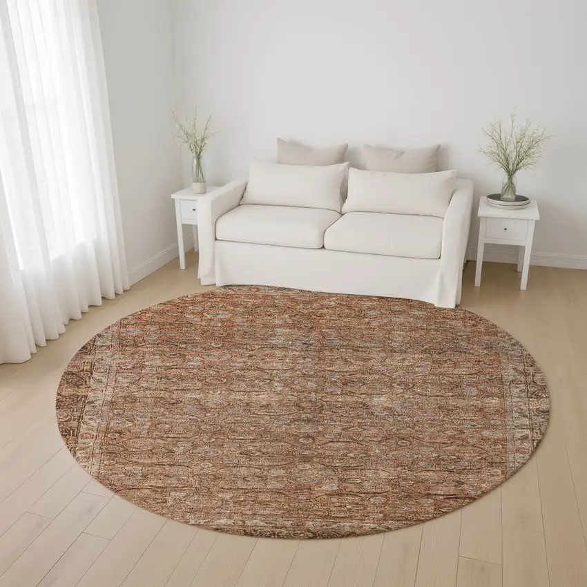 8' Copper And Beige Oriental Washable Round Rug With UV Protection Photo 4