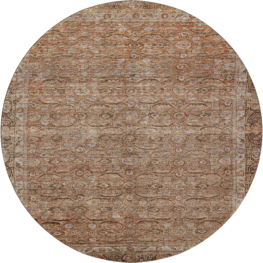 8' Copper And Beige Oriental Washable Round Rug With UV Protection Photo 3