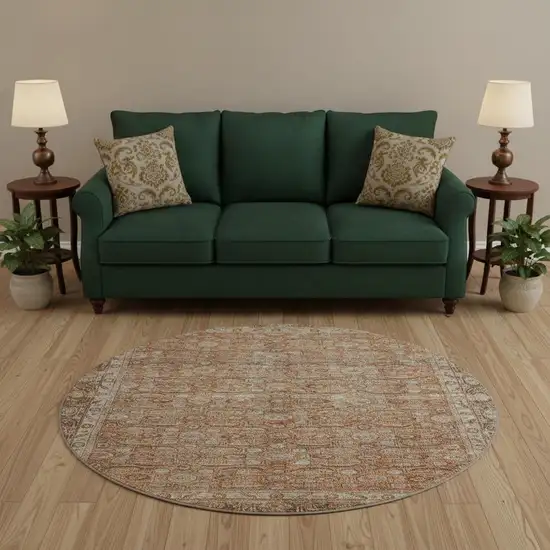 8' Copper And Beige Oriental Washable Round Rug With UV Protection Photo 2